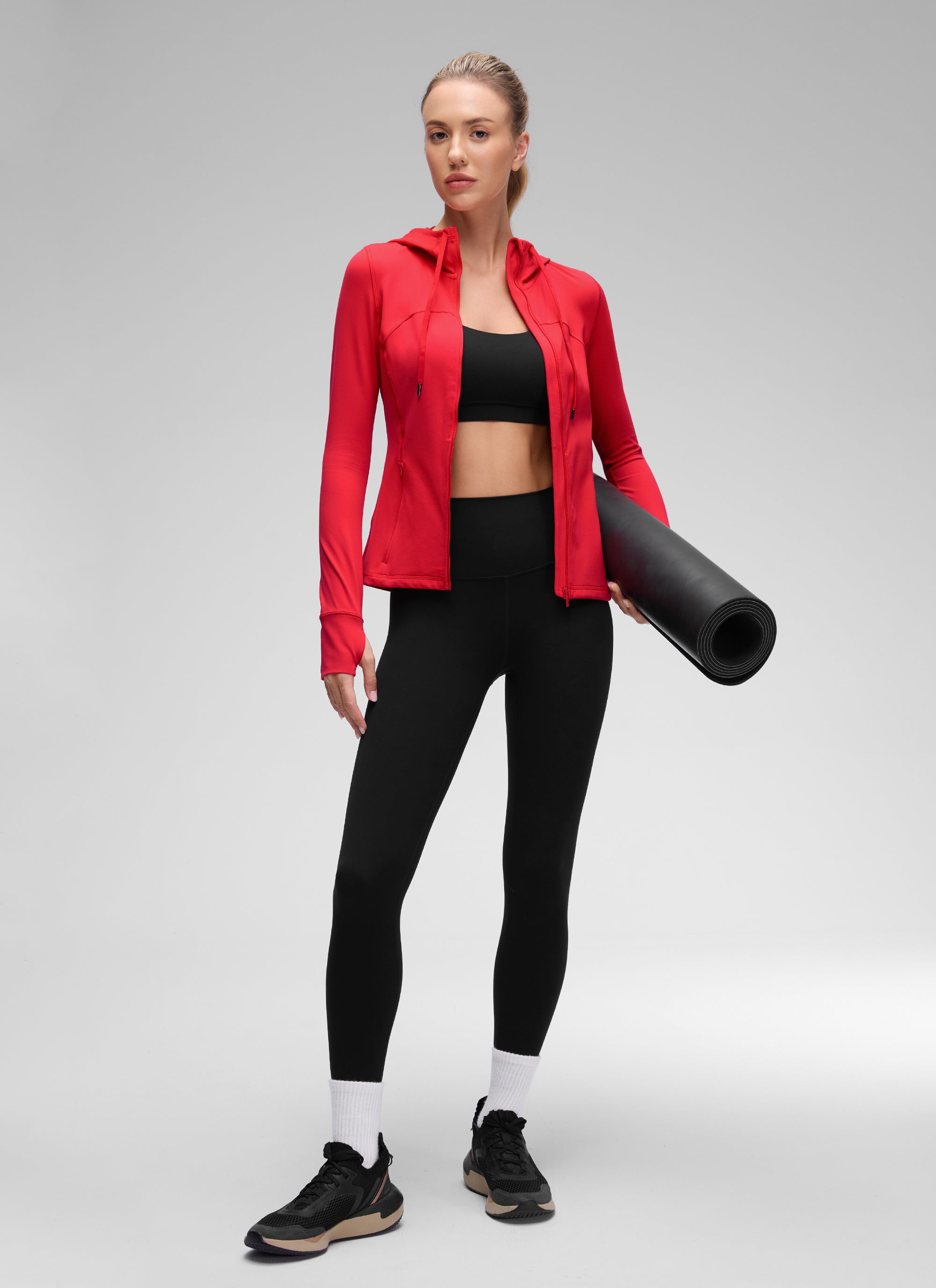 CRZ YOGA Women's Butterluxe Slim Fit Pocket Outerwear Full Zip Hoodies Aurora Red @model_info:Anna