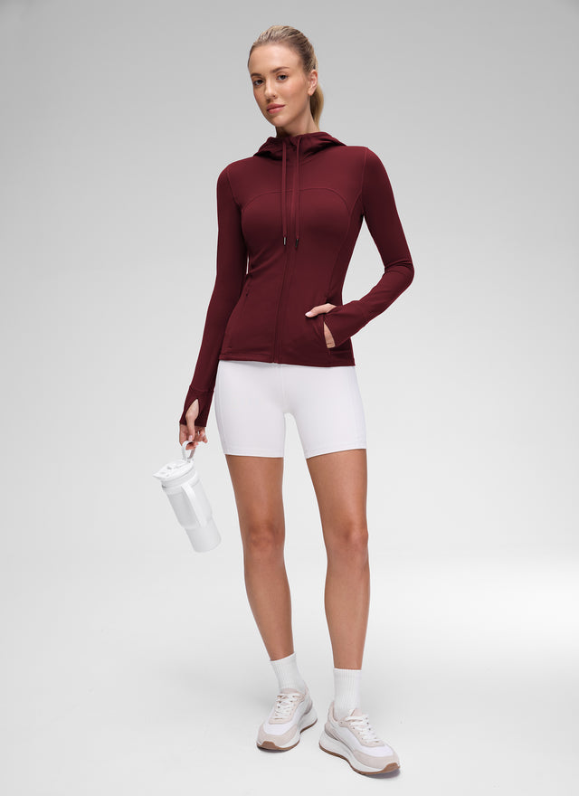 CRZ YOGA Women's Butterluxe Slim Fit Pocket Outerwear Full Zip Hoodies Red Merlot @model_info:Anna