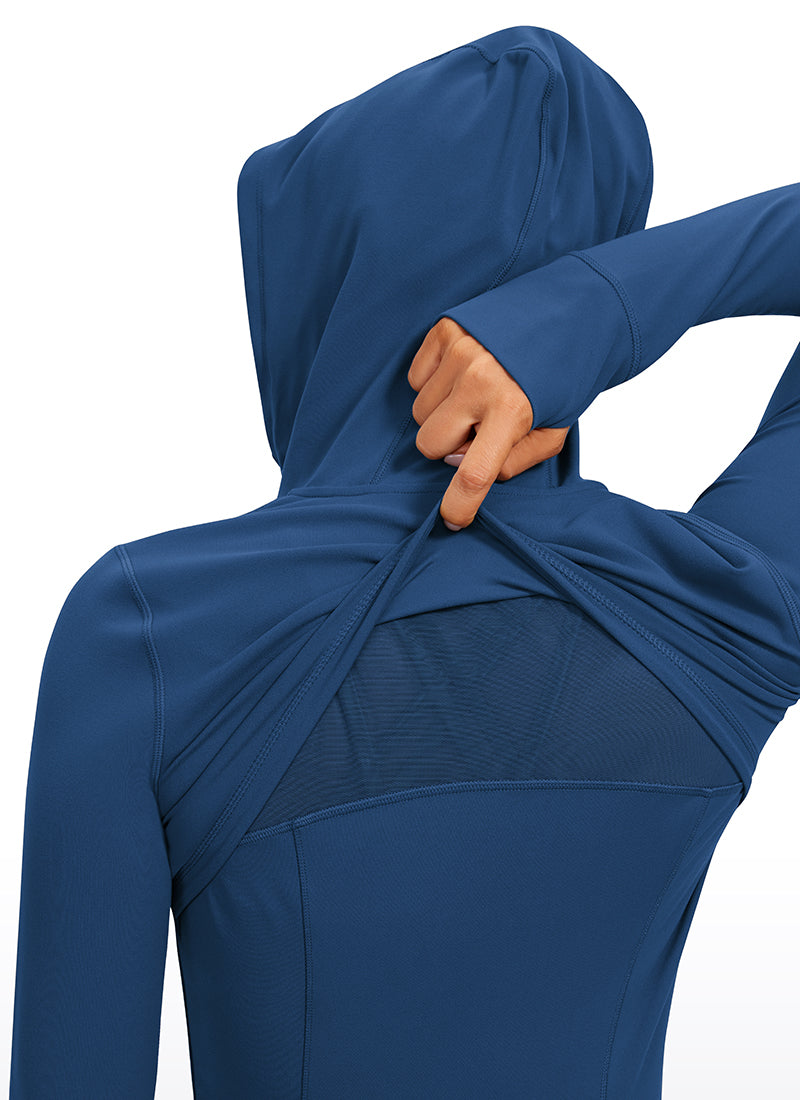 CRZ YOGA Women's Butterluxe Slim Fit Pocket Outerwear Full Zip Hoodies French Navy @model_info:natali