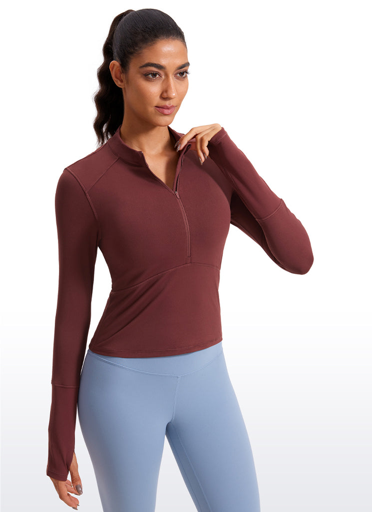 CRZ YOGA Women's Run Slim Fit Brushed Half-Zip Long Sleeve Cropped Light grayish blue