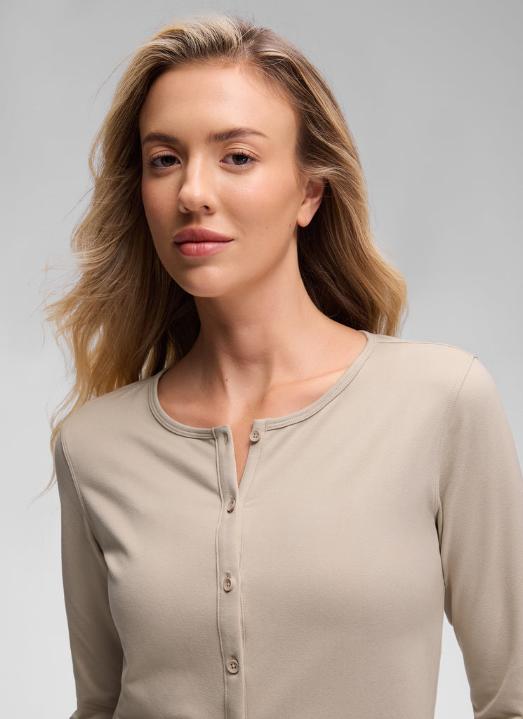 CRZ YOGA Women's Cloud Jersey Casual Button Down Waist Length Cardigan Mojave Tan