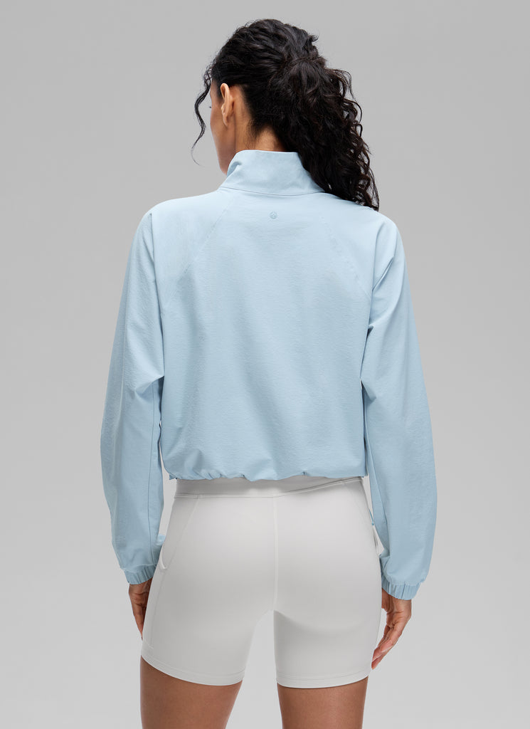CRZ YOGA Women's Casual Half-Zip Waist Length Pocket Long Sleeves Blue Linen