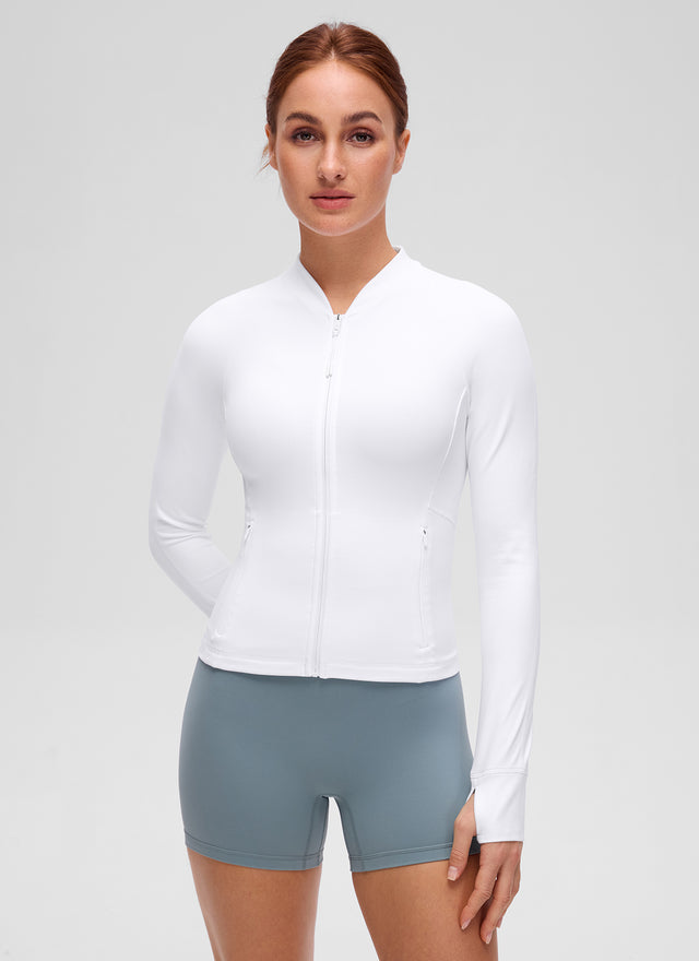 CRZ YOGA Women's Butterluxe Casual V Neck Waist Length Pocket Jacket White