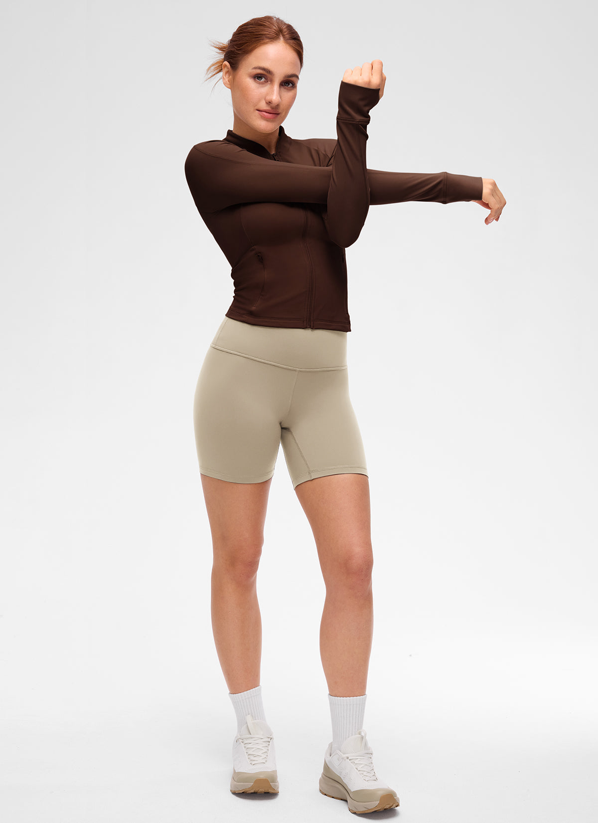 CRZ YOGA Women's Butterluxe Casual V Neck Waist Length Pocket Jacket Lava Brown @model_info:Anja