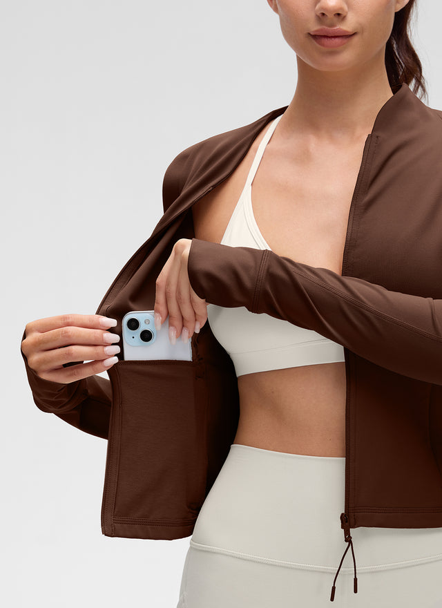 CRZ YOGA Women's Butterluxe Casual V Neck Waist Length Pocket Jacket Lava Brown
