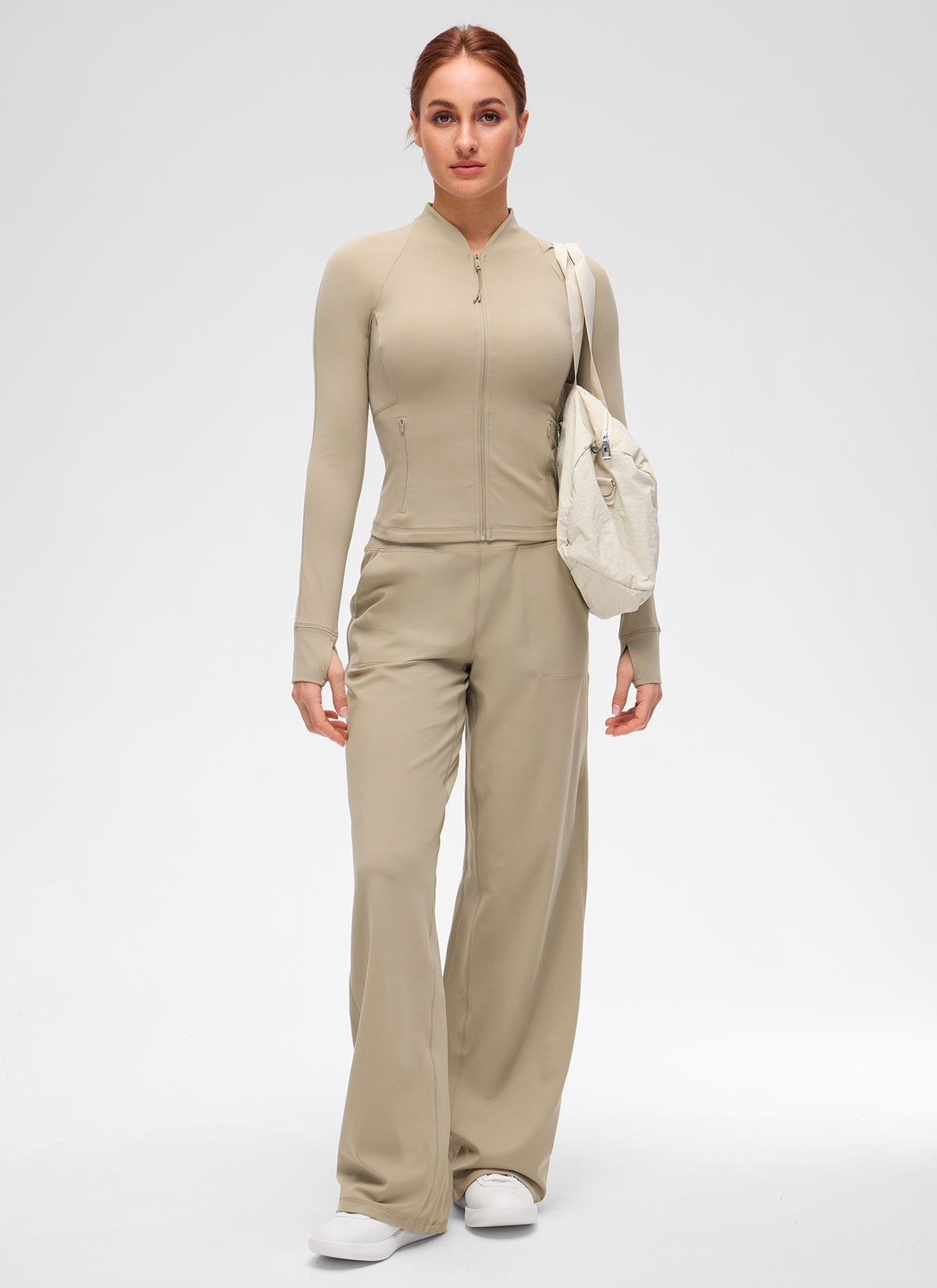 CRZ YOGA Women's Butterluxe Casual V Neck Waist Length Pocket Jacket Oak @model_info:Anja