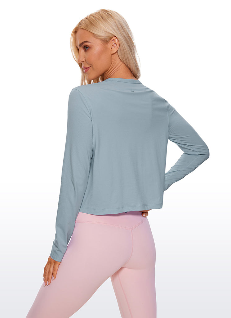 CRZ YOGA Women's Yoga Loose Fit Tops Pima Cotton Cropped Long Sleeve Granita Pink