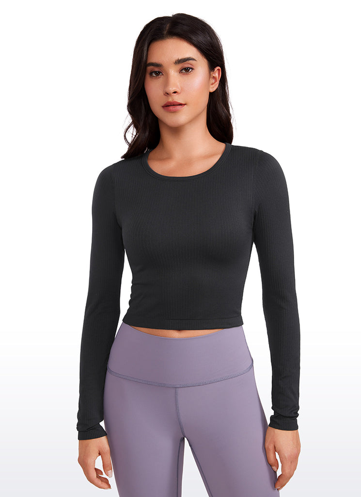 CRZ YOGA Women's Ribbed Seamless Workout Cropped Long Sleeves Crewneck Taupe