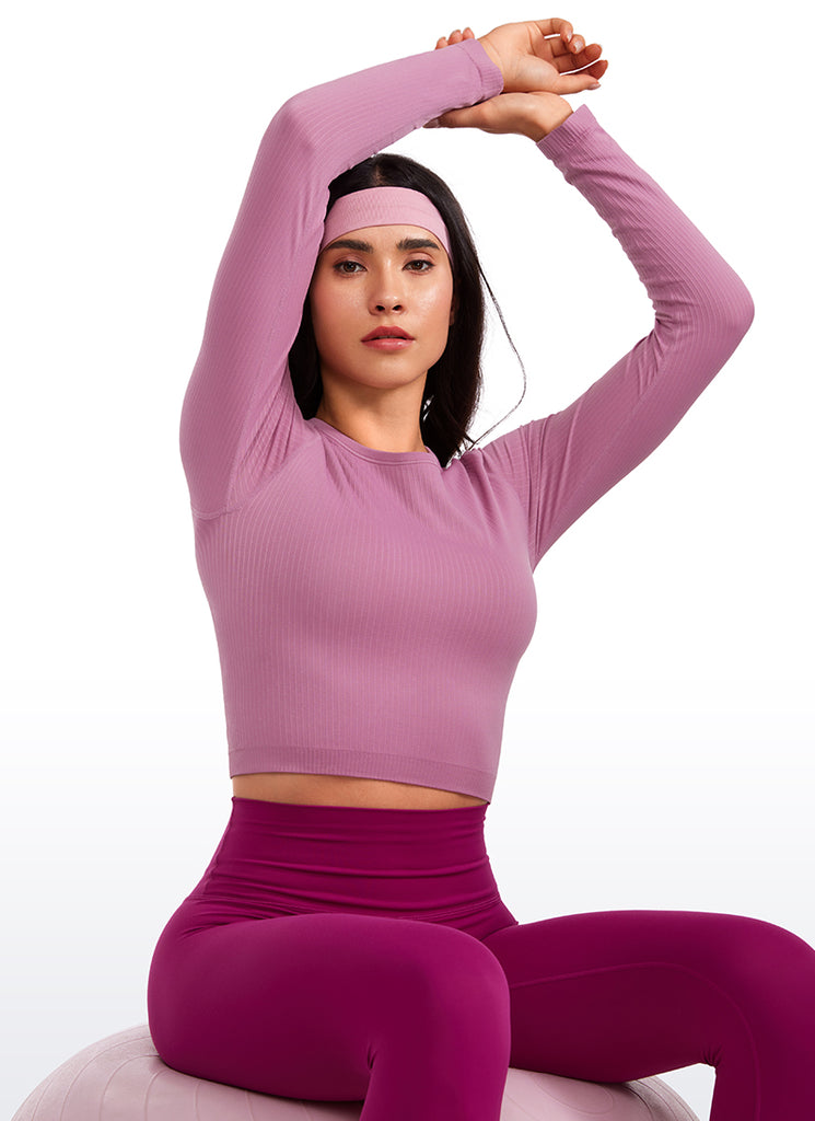 CRZ YOGA Women's Ribbed Seamless Workout Cropped Long Sleeves Crewneck White