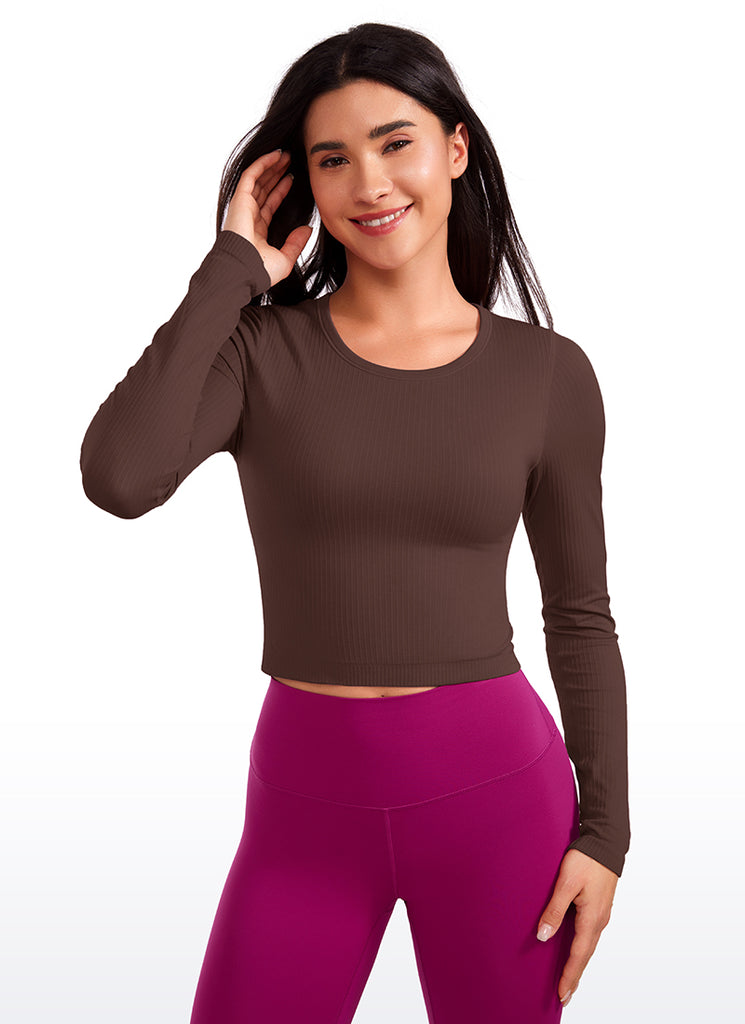 CRZ YOGA Women's Ribbed Seamless Workout Cropped Long Sleeves Crewneck Taupe