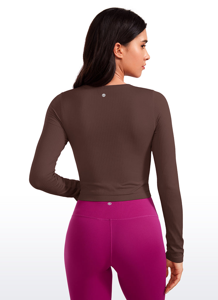 CRZ YOGA Women's Ribbed Seamless Workout Cropped Long Sleeves Crewneck Taupe