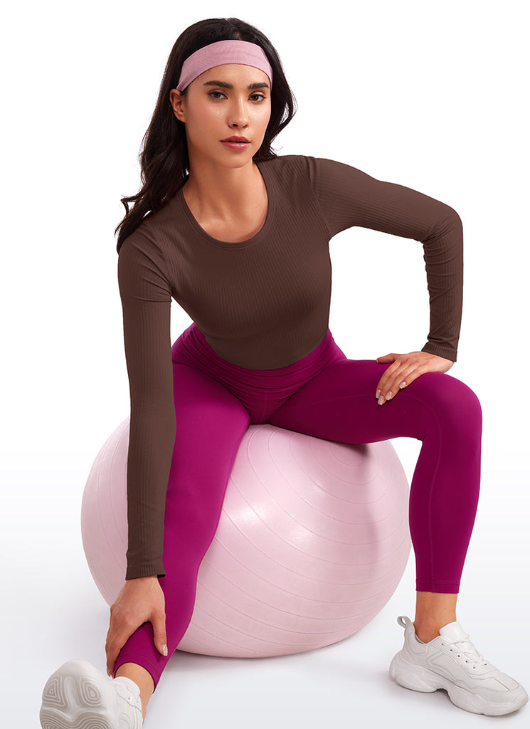 CRZ YOGA Women's Ribbed Seamless Workout Cropped Long Sleeves Crewneck Taupe