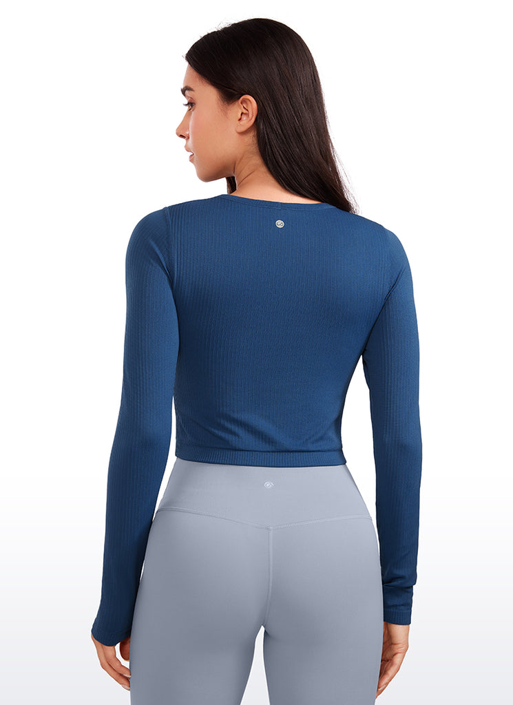 CRZ YOGA Women's Ribbed Seamless Workout Cropped Long Sleeves Crewneck Velvet Dust