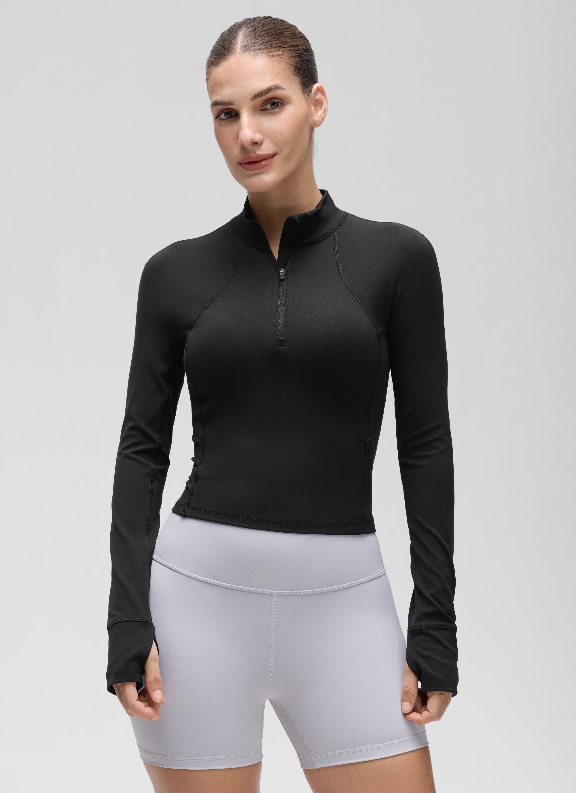 CRZ YOGA Women's Yoga Slim Fit Tops Butterluxe Half-Zip Long Sleeve Black @model_info:Jaynne