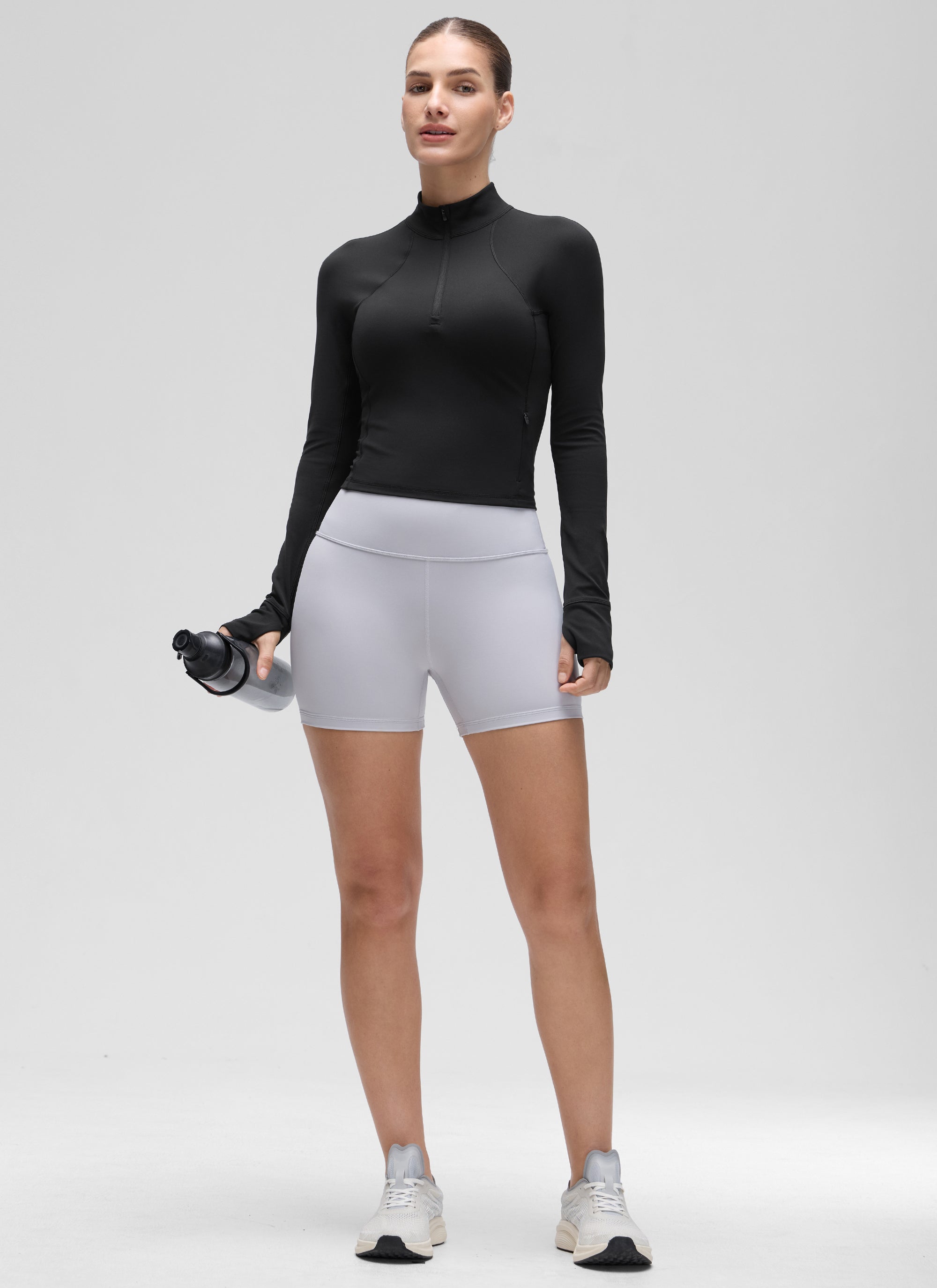 CRZ YOGA Women's Yoga Slim Fit Tops Butterluxe Half-Zip Long Sleeve Black @model_info:Jaynne