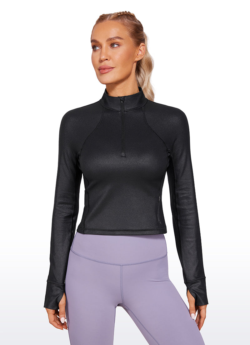 CRZ YOGA Women's Yoga Slim Fit Tops Butterluxe Half-Zip Long Sleeve Black Classic Leather