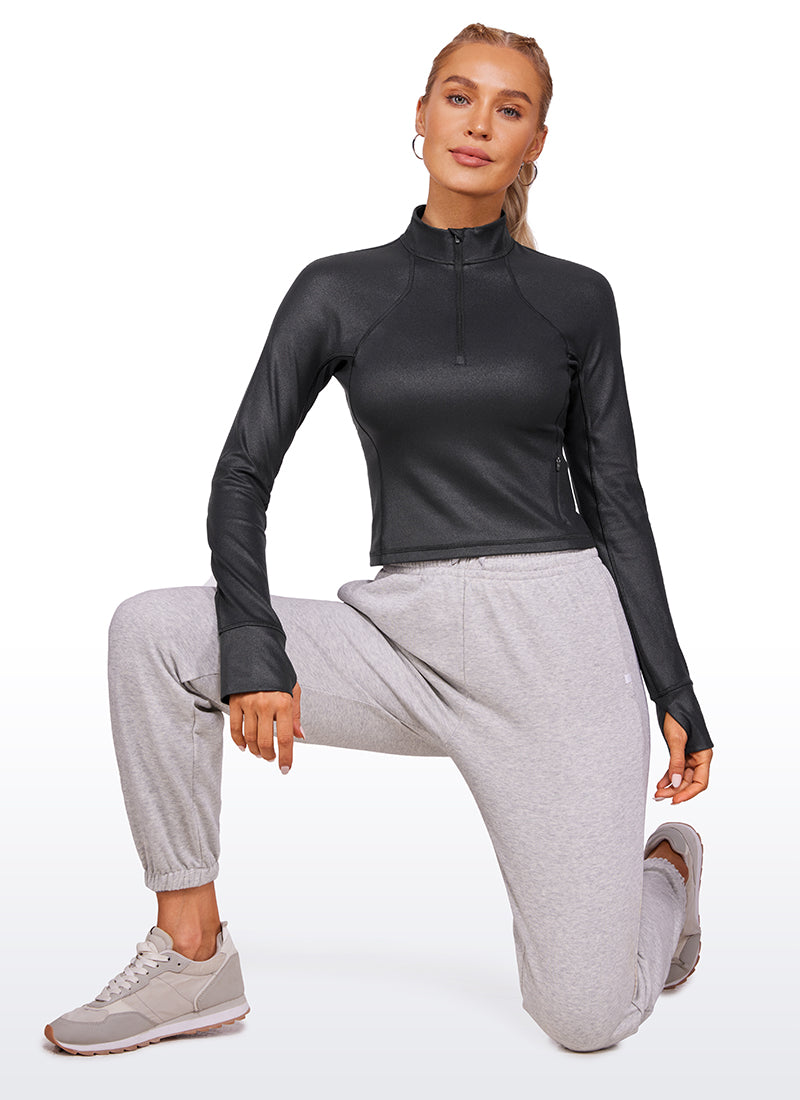 CRZ YOGA Women's Yoga Slim Fit Tops Butterluxe Half-Zip Long Sleeve Black Classic Leather