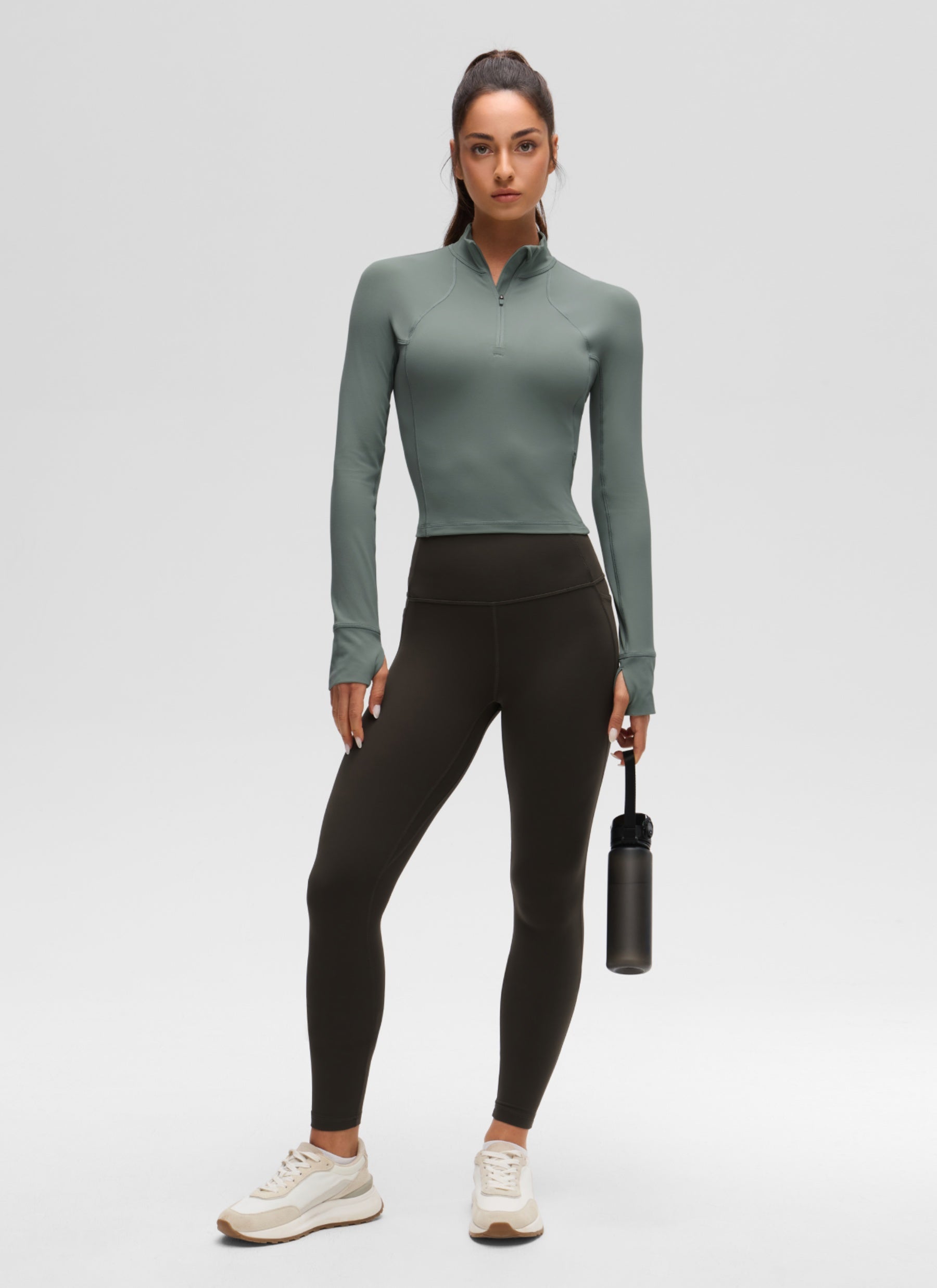 CRZ YOGA Women's Yoga Slim Fit Tops Butterluxe Half-Zip Long Sleeve Grey Sage @model_info:I