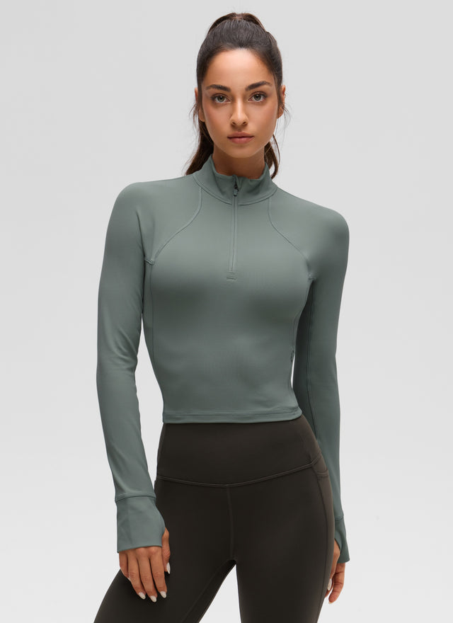 CRZ YOGA Women's Yoga Slim Fit Tops Butterluxe Half-Zip Long Sleeve Grey Sage @model_info:I