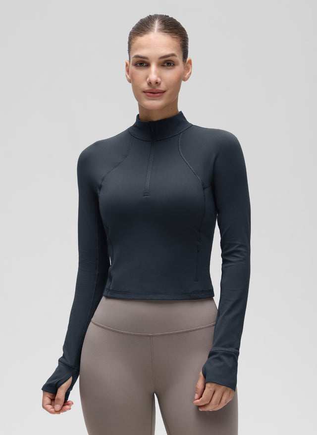 CRZ YOGA Women's Yoga Slim Fit Tops Butterluxe Half-Zip Long Sleeve True Navy @model_info:Jaynne