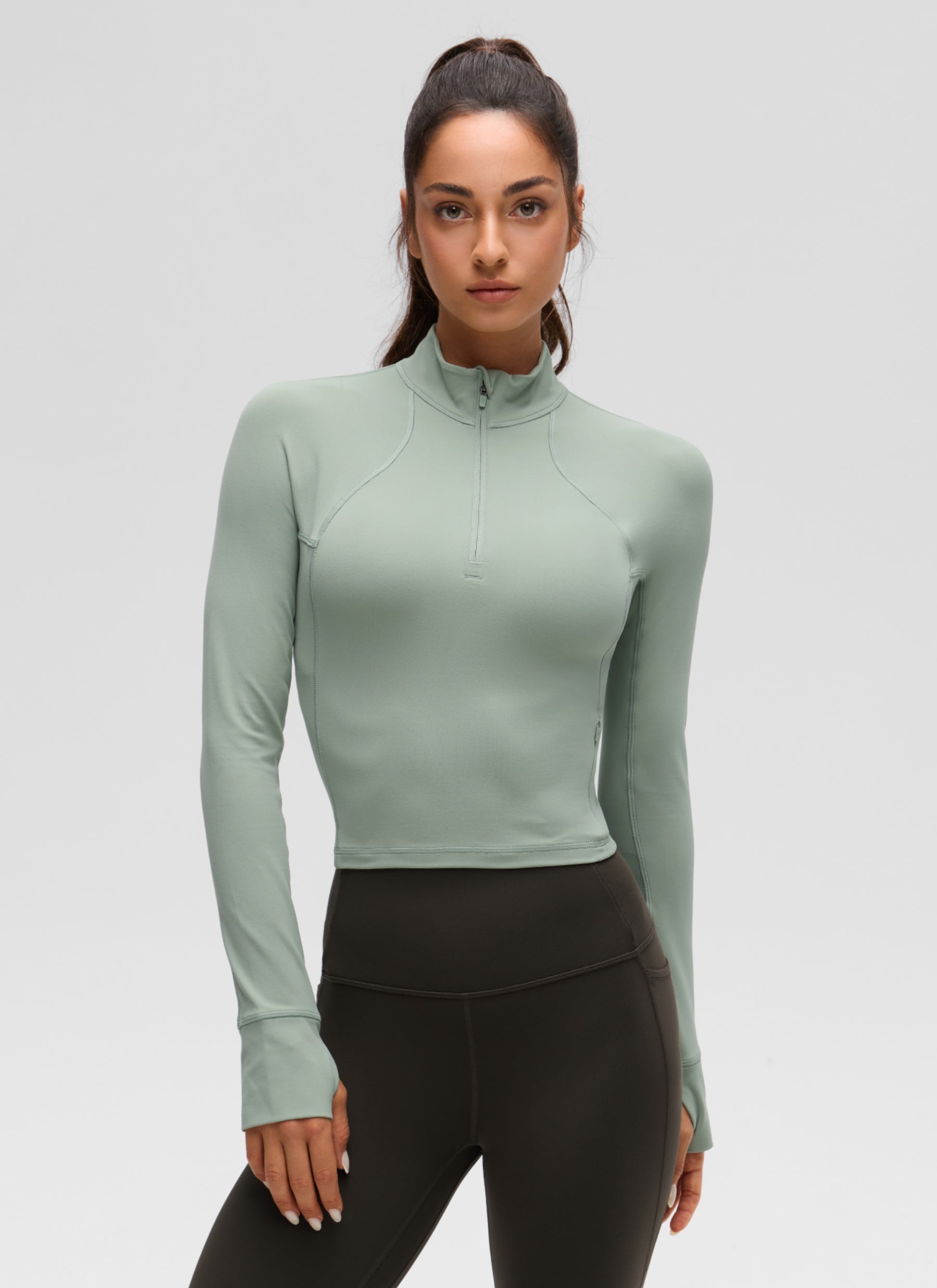 CRZ YOGA Women's Yoga Slim Fit Tops Butterluxe Half-Zip Long Sleeve Green Palm Court