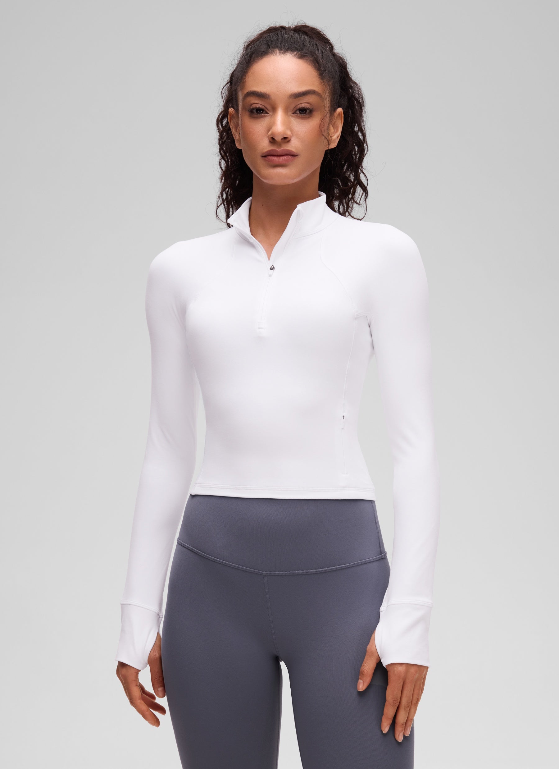 CRZ YOGA Women's Yoga Slim Fit Tops Butterluxe Half-Zip Long Sleeve White @model_info:Larissa
