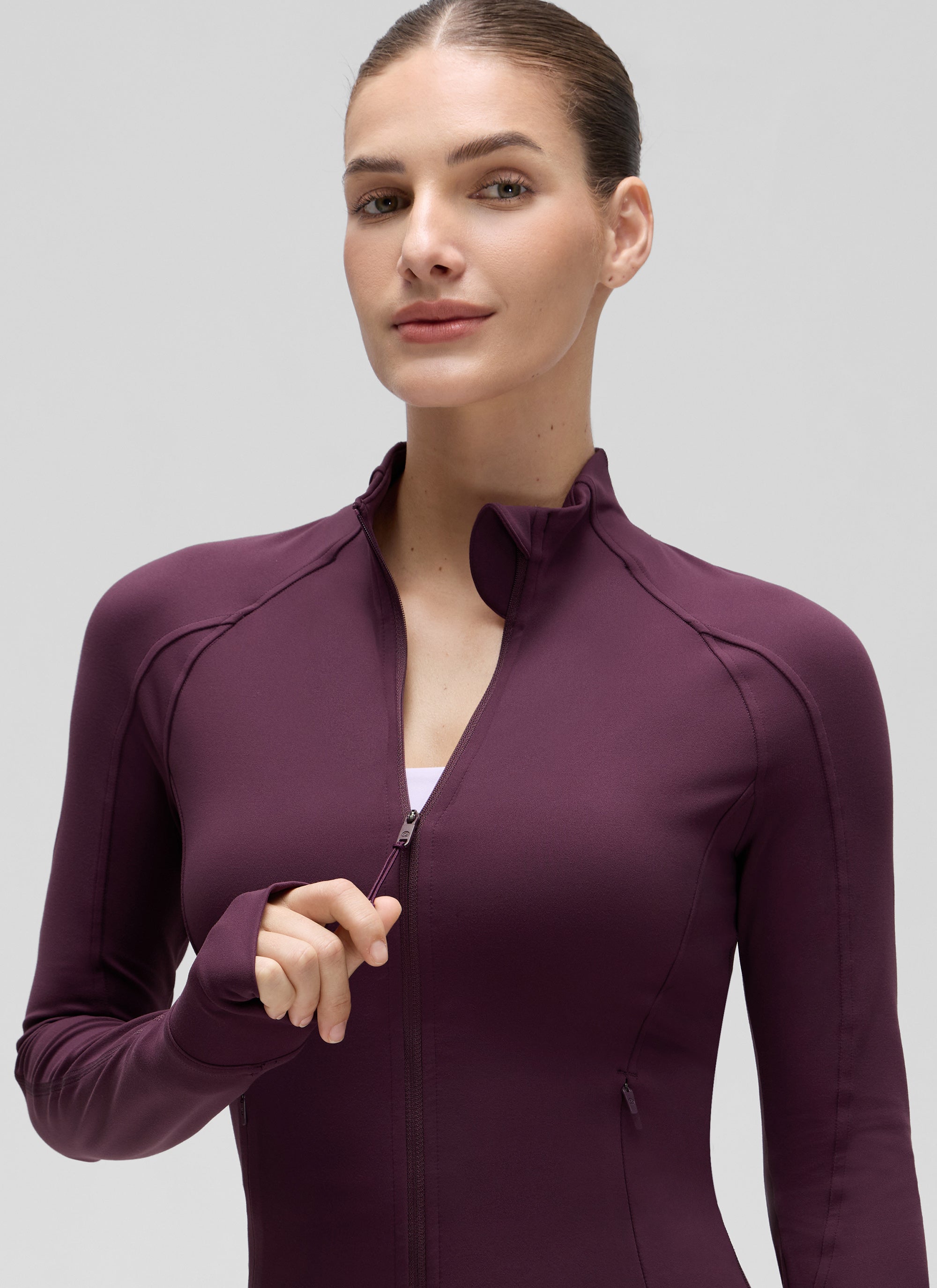 CRZ YOGA Women's Butterluxe Cropped Pocket Outerwear Full Zip Jackets Deep Purple @model_info:J
