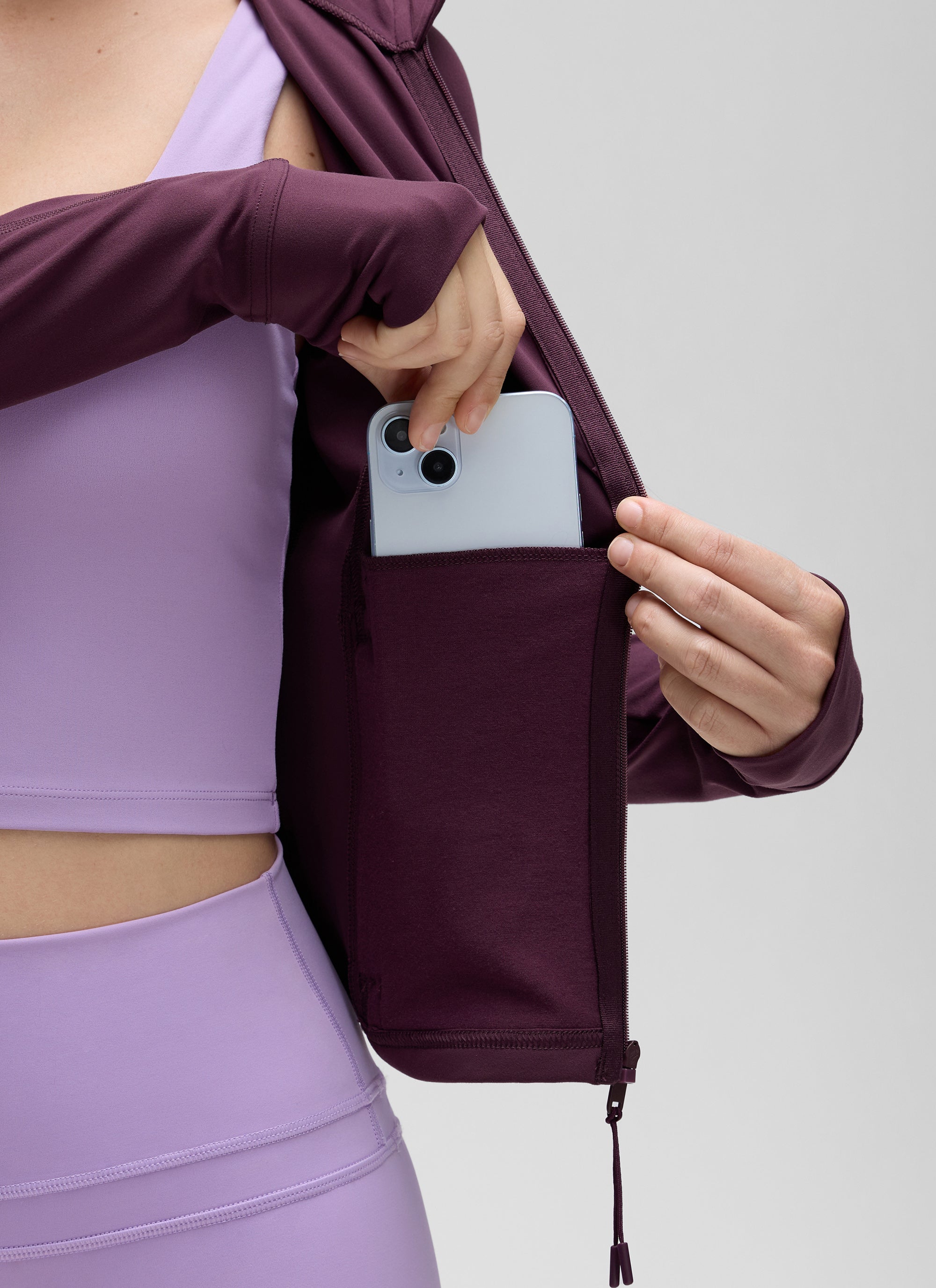 CRZ YOGA Women's Butterluxe Cropped Pocket Outerwear Full Zip Jackets Deep Purple @model_info:J