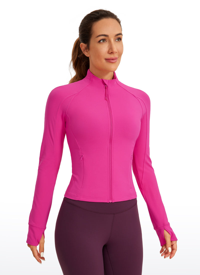 CRZ YOGA Women's Butterluxe Cropped Pocket Outerwear Full Zip Jackets Hibiscus Purple @model_info:D