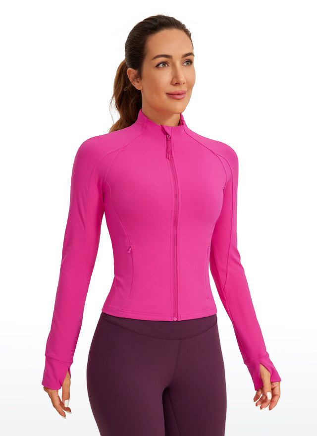 CRZ YOGA Women's Butterluxe Cropped Pocket Outerwear Full Zip Jackets Hibiscus Purple @model_info:D