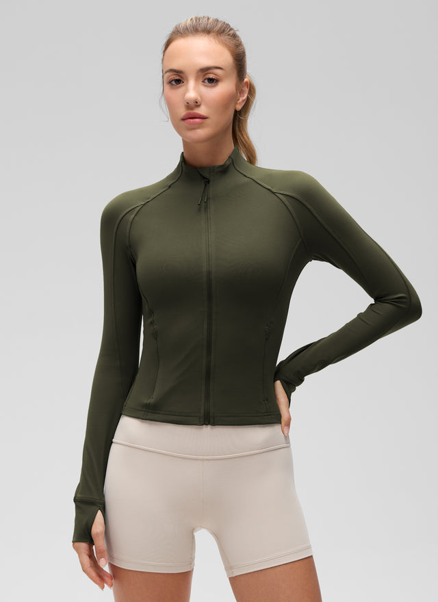 CRZ YOGA Women's Butterluxe Cropped Pocket Outerwear Full Zip Jackets Olive Green @model_info:Anna