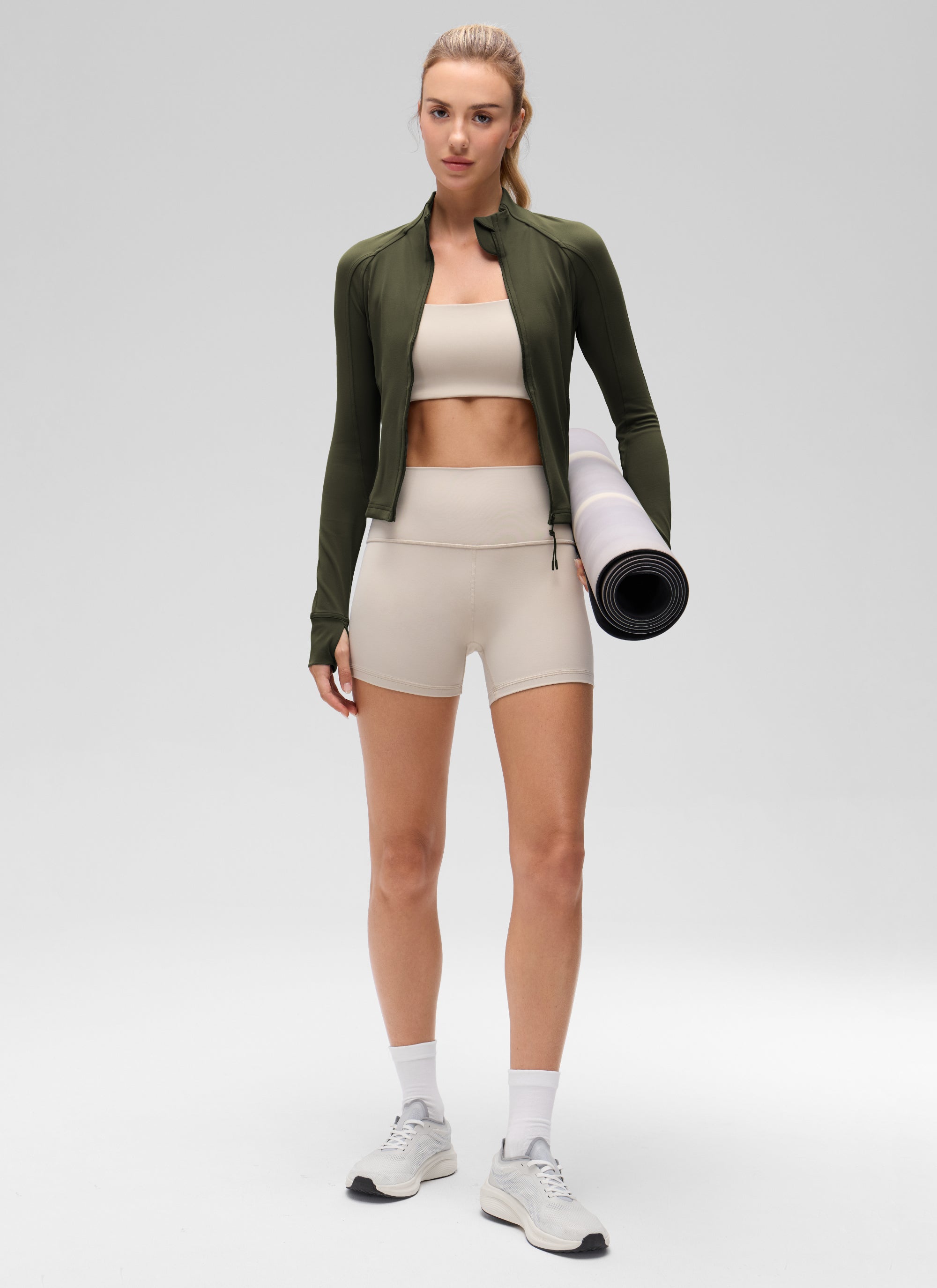 CRZ YOGA Women's Butterluxe Cropped Pocket Outerwear Full Zip Jackets Olive Green @model_info:Anna
