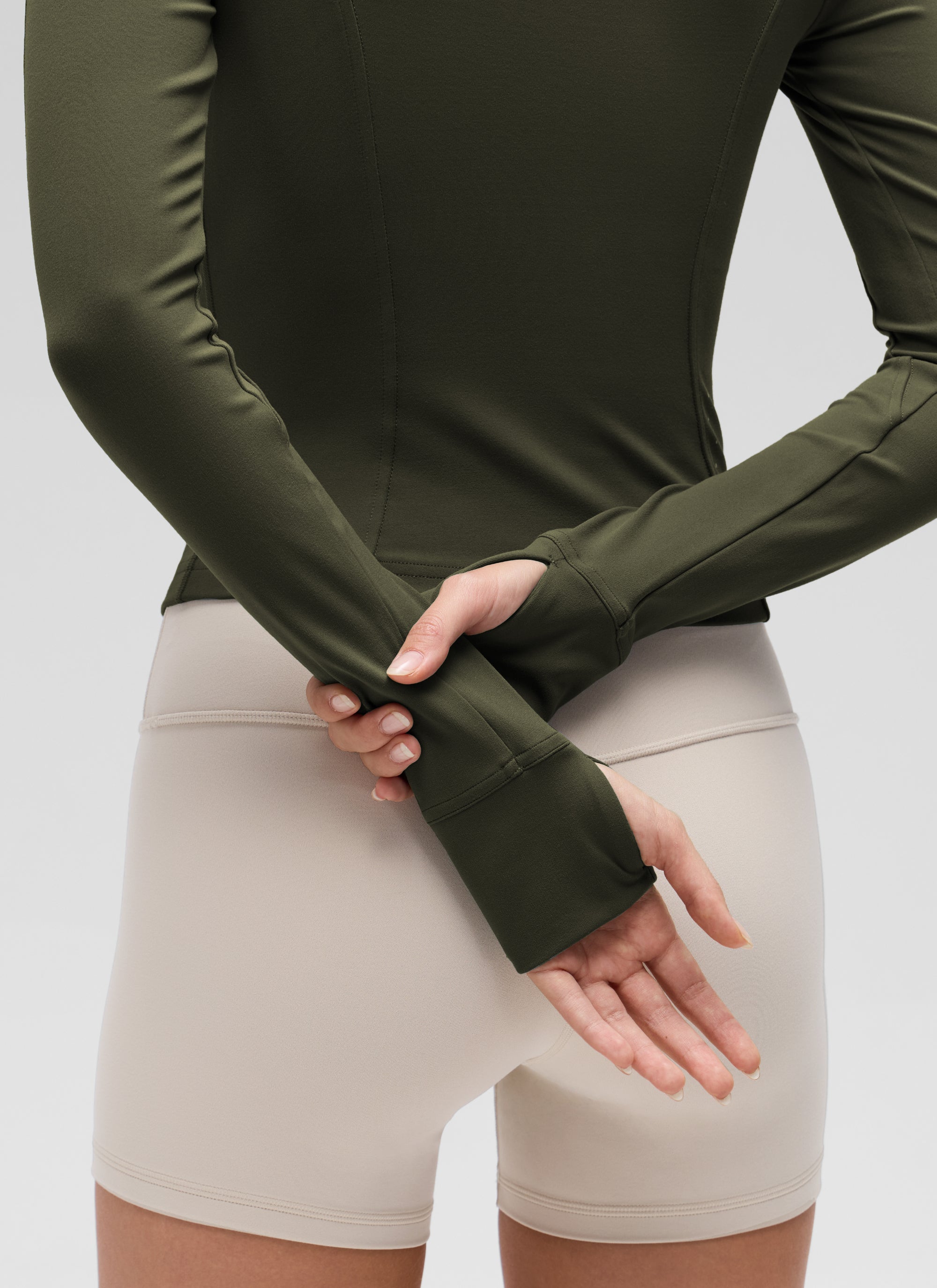 CRZ YOGA Women's Butterluxe Cropped Pocket Outerwear Full Zip Jackets Olive Green @model_info:Anna