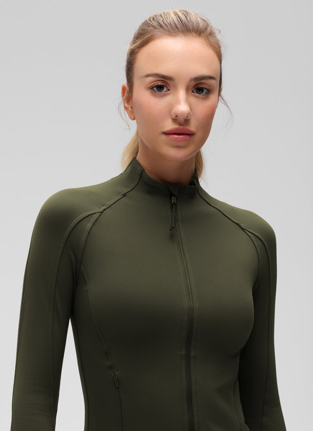 CRZ YOGA Women's Butterluxe Cropped Pocket Outerwear Full Zip Jackets Olive Green @model_info:Anna