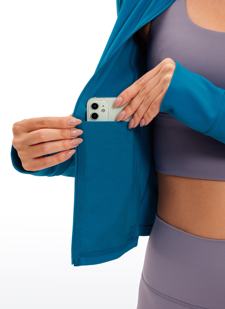 CRZ YOGA Women's Butterluxe Cropped Pocket Outerwear Full Zip Jackets Olive Green