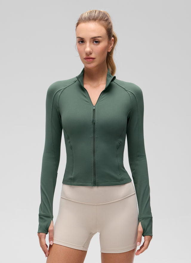 CRZ YOGA Women's Butterluxe Cropped Pocket Outerwear Full Zip Jackets Dark Forest Green