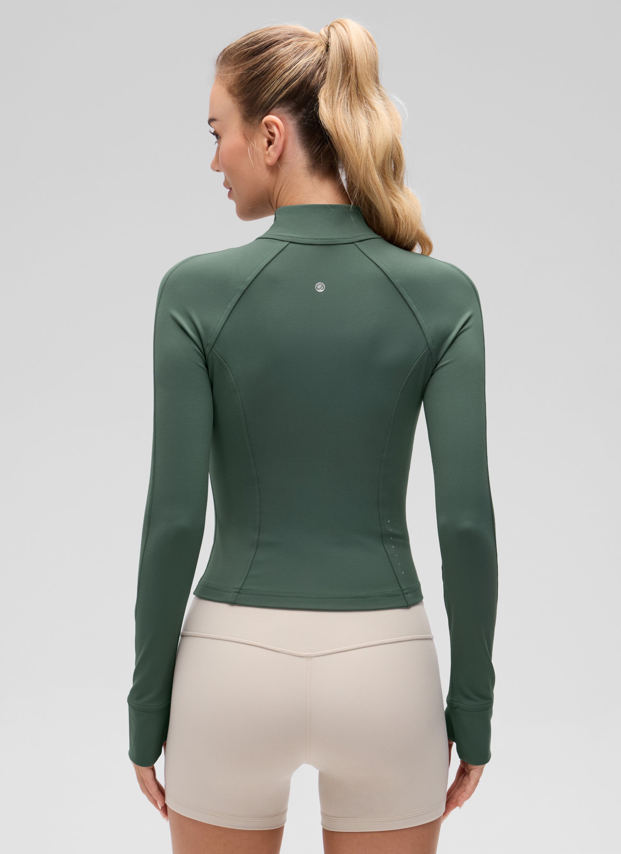 CRZ YOGA Women's Butterluxe Cropped Pocket Outerwear Full Zip Jackets Dark Forest Green @model_info:Anna