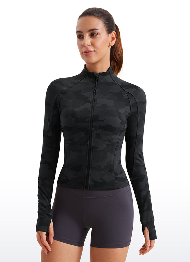 CRZ YOGA Women's Butterluxe Cropped Pocket Outerwear Full Zip Jackets Dark Grey Camouflage 2