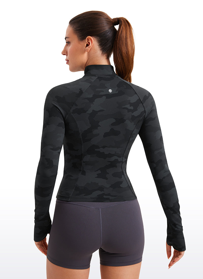 CRZ YOGA Women's Butterluxe Cropped Pocket Outerwear Full Zip Jackets Dark Grey Camouflage 2