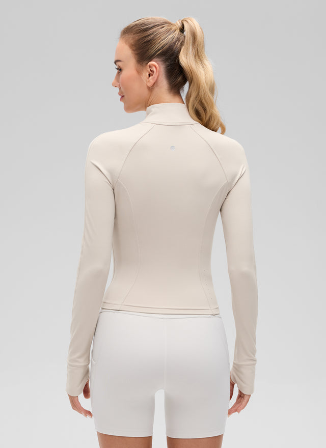 CRZ YOGA Women's Butterluxe Cropped Pocket Outerwear Full Zip Jackets Mojave Tan @model_info:Anna