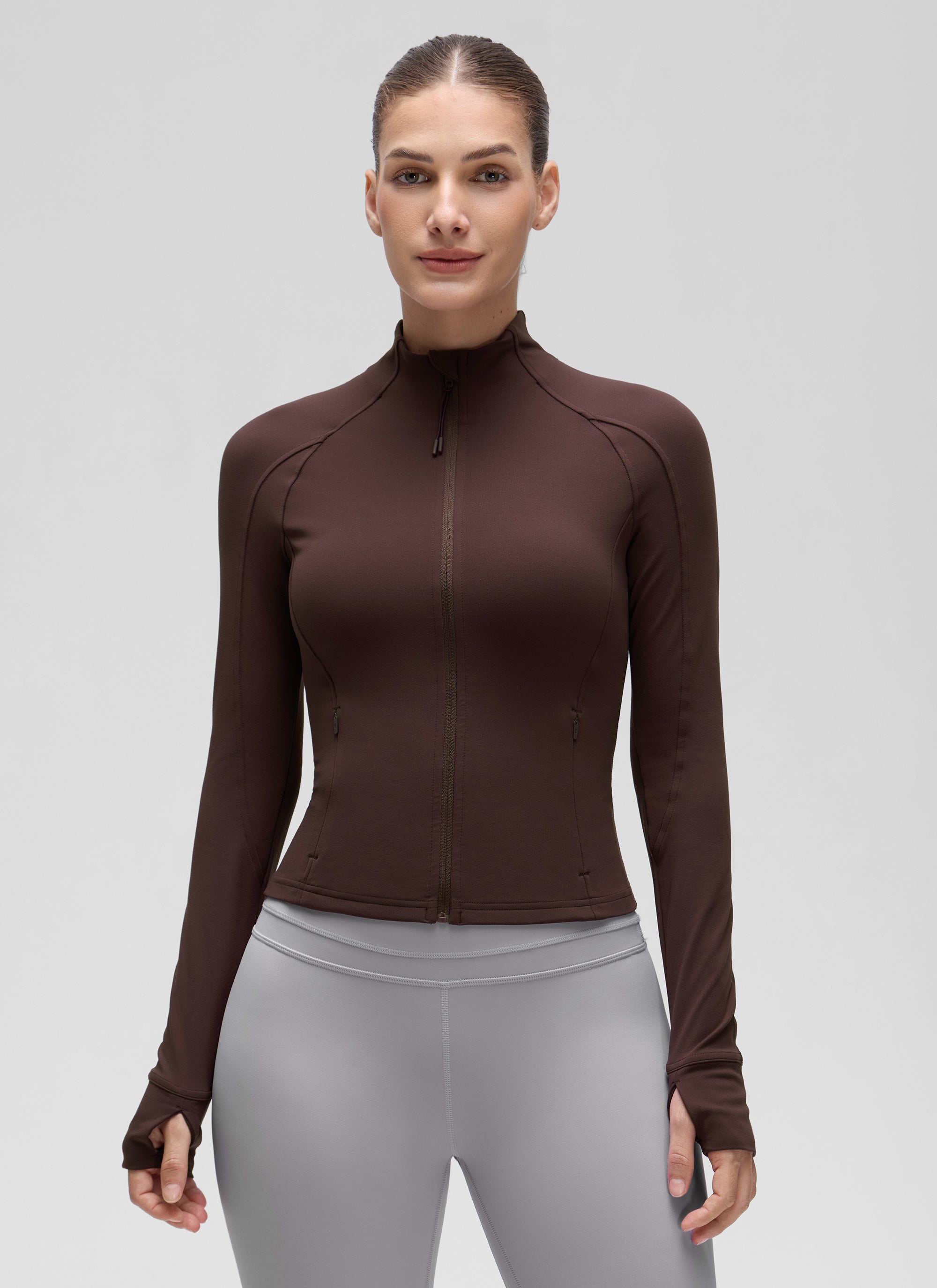 CRZ YOGA Women's Butterluxe Cropped Pocket Outerwear Full Zip Jackets Hot Fudge Brown @model_info:J