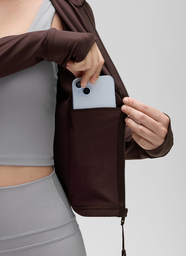 CRZ YOGA Women's Butterluxe Cropped Pocket Outerwear Full Zip Jackets Hot Fudge Brown @model_info:J