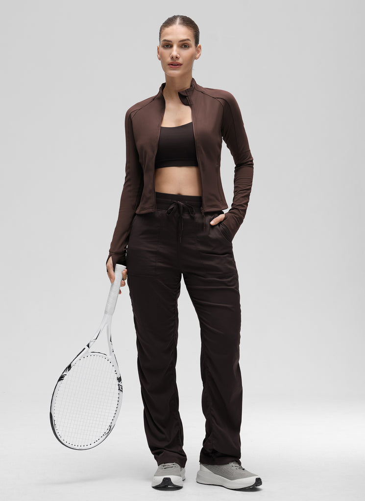 CRZ YOGA Women's Butterluxe Cropped Pocket Outerwear Full Zip Jackets Red Merlot