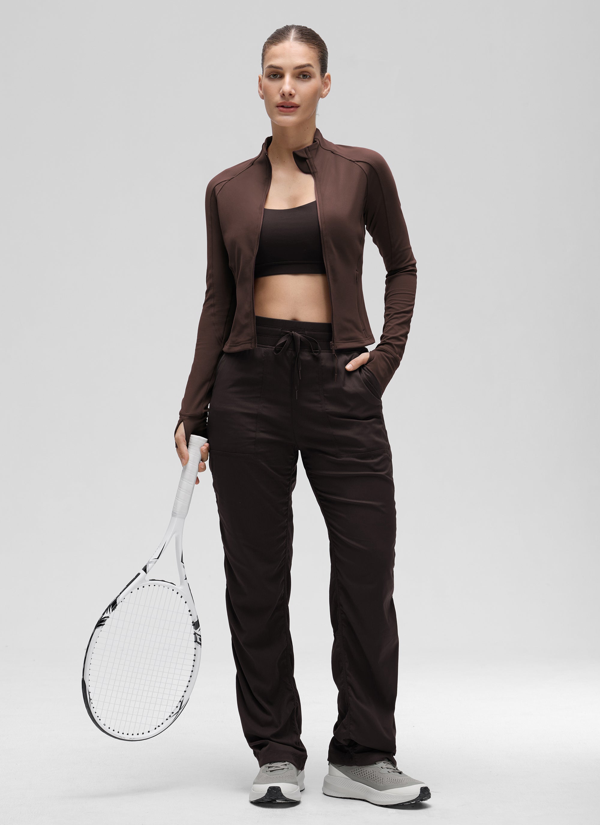 CRZ YOGA Women's Butterluxe Cropped Pocket Outerwear Full Zip Jackets Hot Fudge Brown @model_info:J