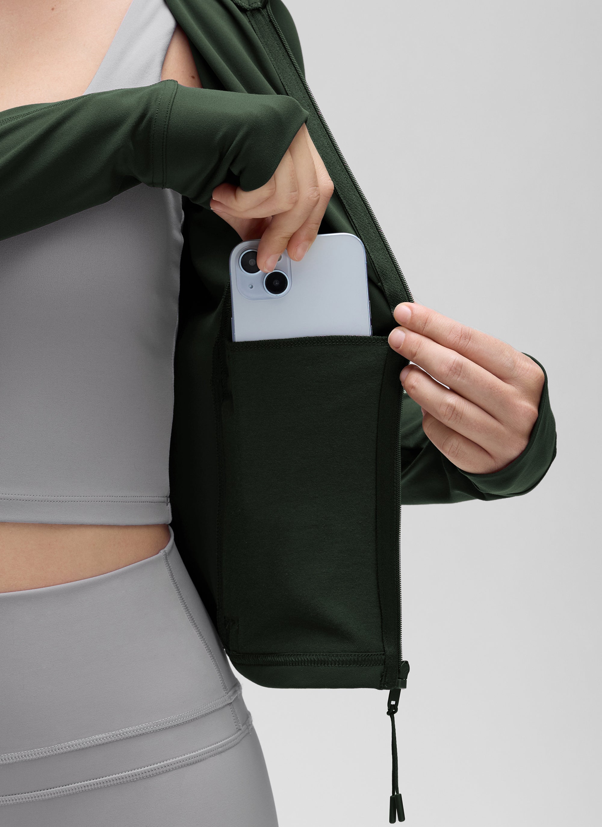 CRZ YOGA Women's Butterluxe Cropped Pocket Outerwear Full Zip Jackets Legend Green @model_info:J