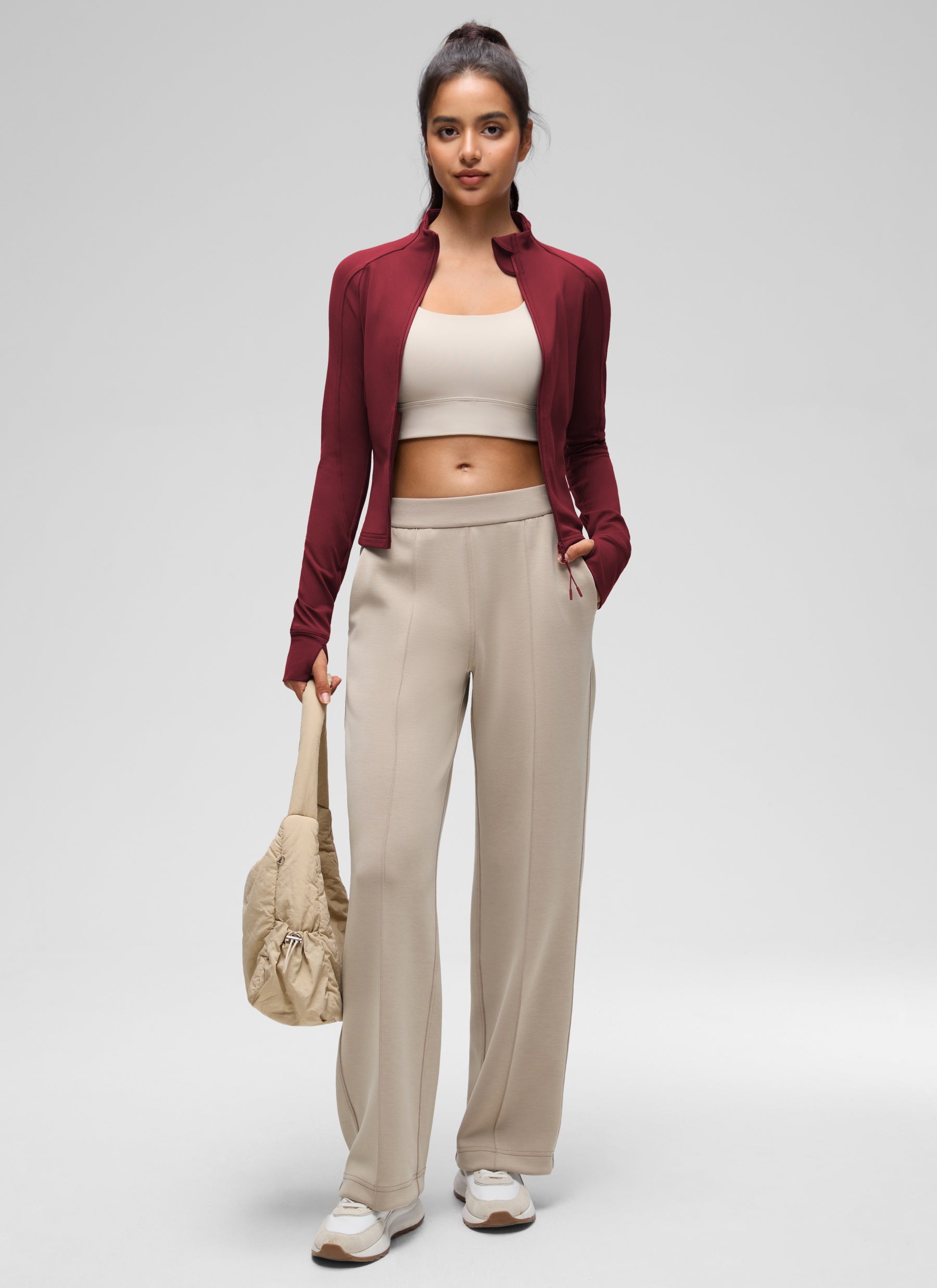 CRZ YOGA Women's Butterluxe Cropped Pocket Outerwear Full Zip Jackets Burgundy Bay @model_info:Q1
