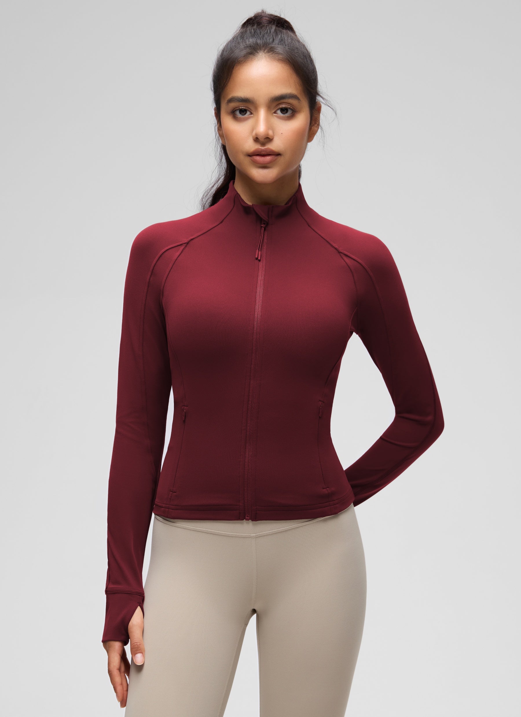 CRZ YOGA Women's Butterluxe Cropped Pocket Outerwear Full Zip Jackets Burgundy Bay @model_info:S1