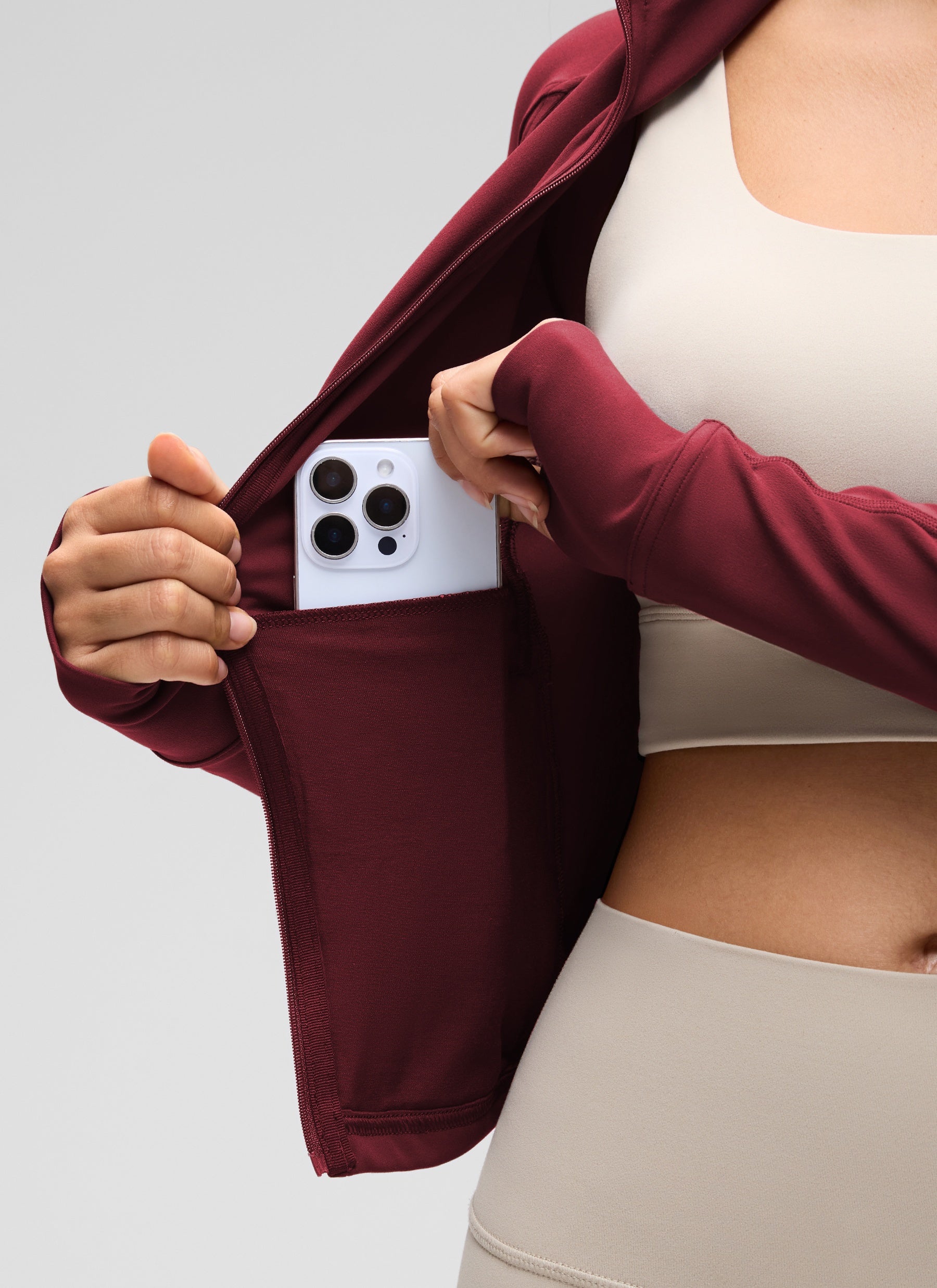CRZ YOGA Women's Butterluxe Cropped Pocket Outerwear Full Zip Jackets Burgundy Bay @model_info:S3