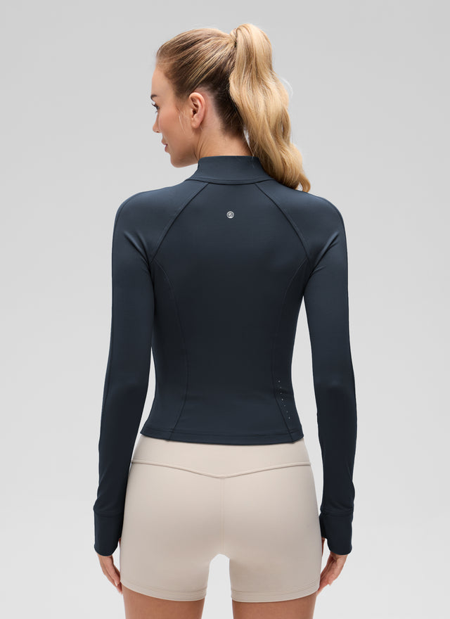 CRZ YOGA Women's Butterluxe Cropped Pocket Outerwear Full Zip Jackets True Navy @model_info:Anna