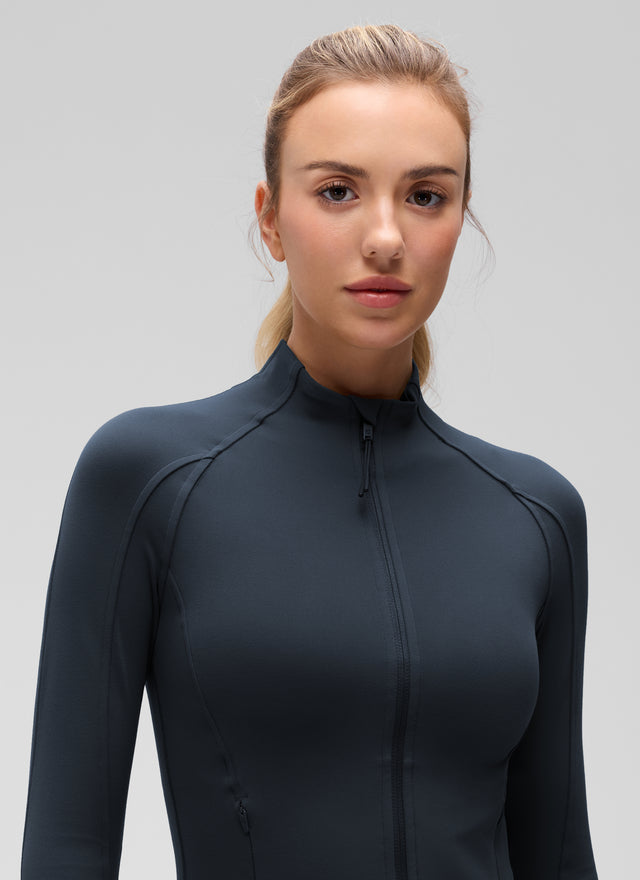 CRZ YOGA Women's Butterluxe Cropped Pocket Outerwear Full Zip Jackets True Navy @model_info:Anna